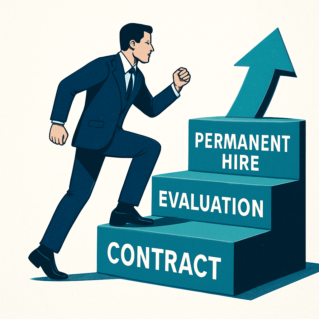 Illustration showing professional career progression from contract role to permanent employment at Key Staff Pro staffing agency