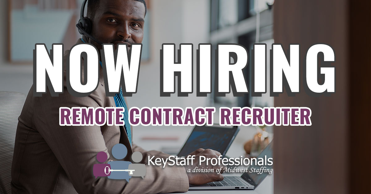 Person with a headset and computer performing a Remote Contract Recruiter job for Keystaff Professionals